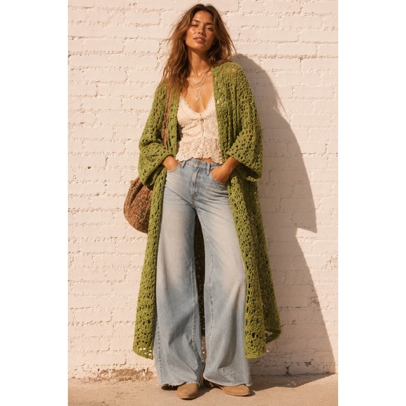Handmade Sweaters - Vintage Green Handmade Crochet Knit Cardigan Kimono Boho Duster L XL
